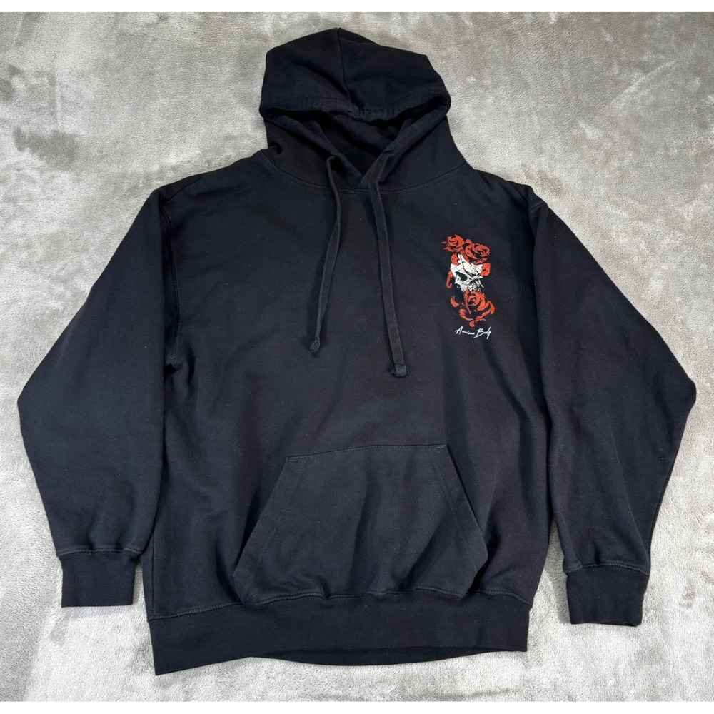 American Beauty Hoodie Mens L Black Excellent Skull Roses Graphic‎ Pullover
